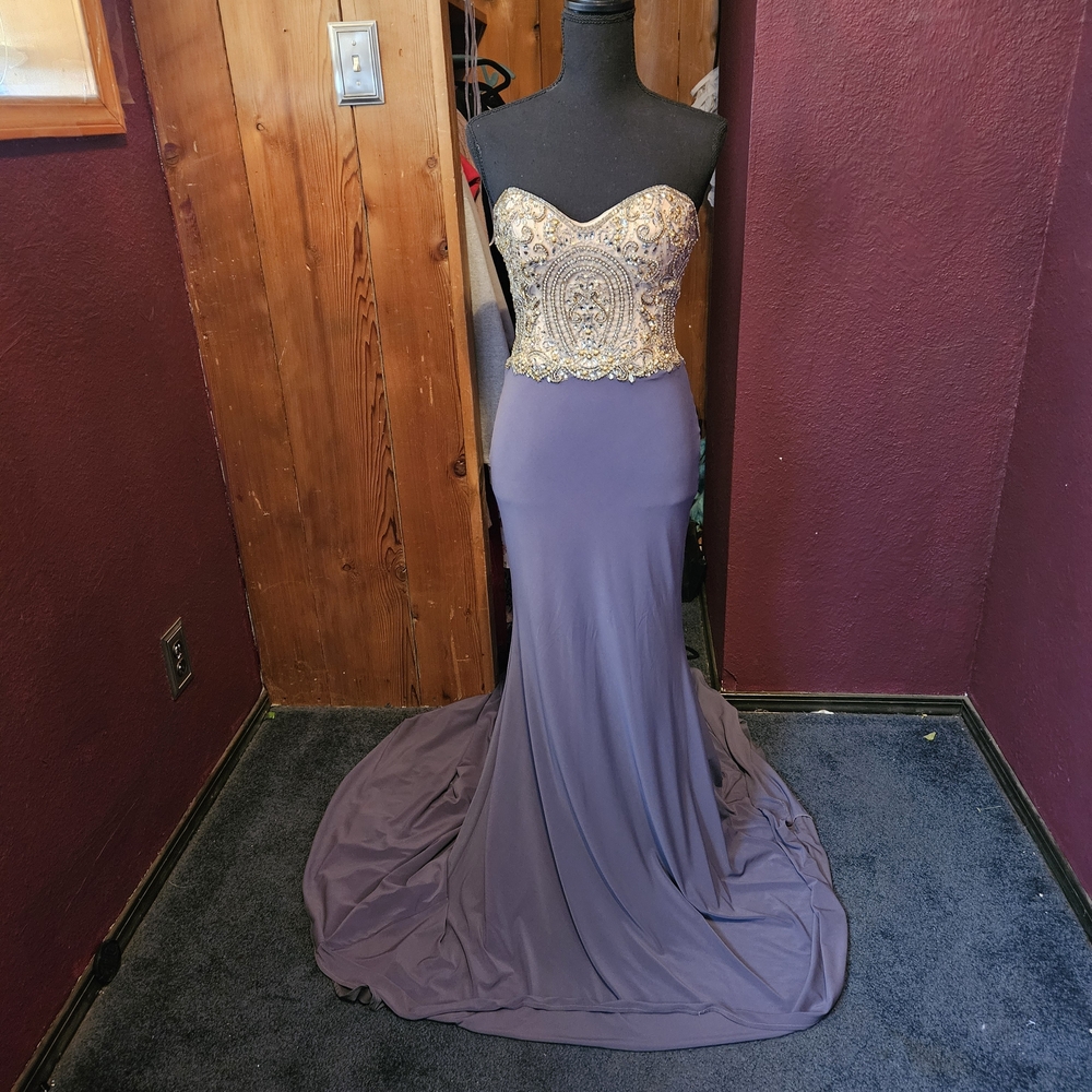 Alyce Paris Strapless Grey Gown with Gold Beaded Bodice size 00